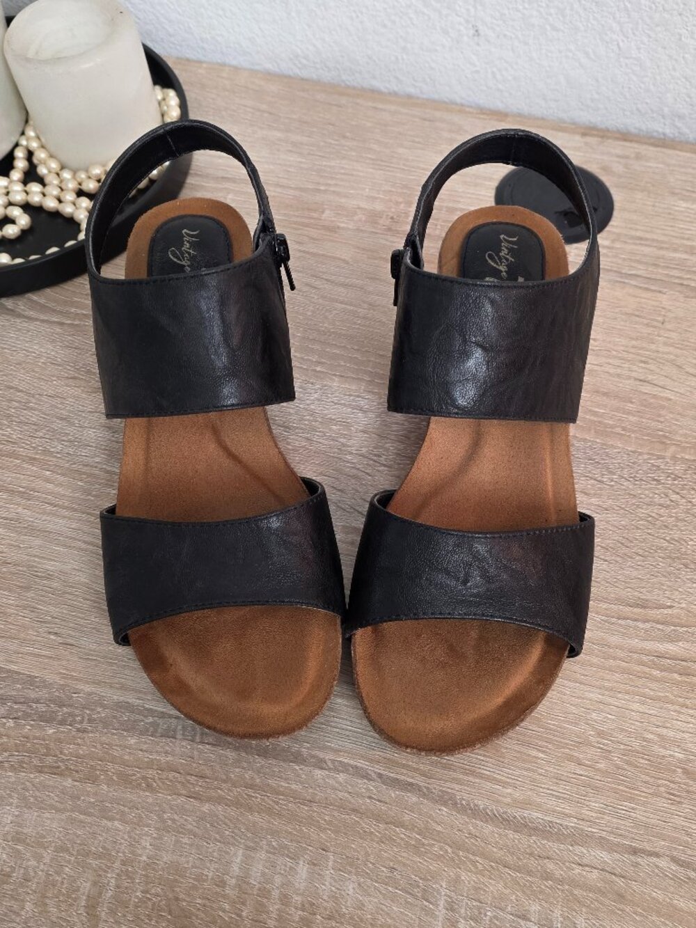 Black Leather Wedge 2" Heeled Sandals - Size 9